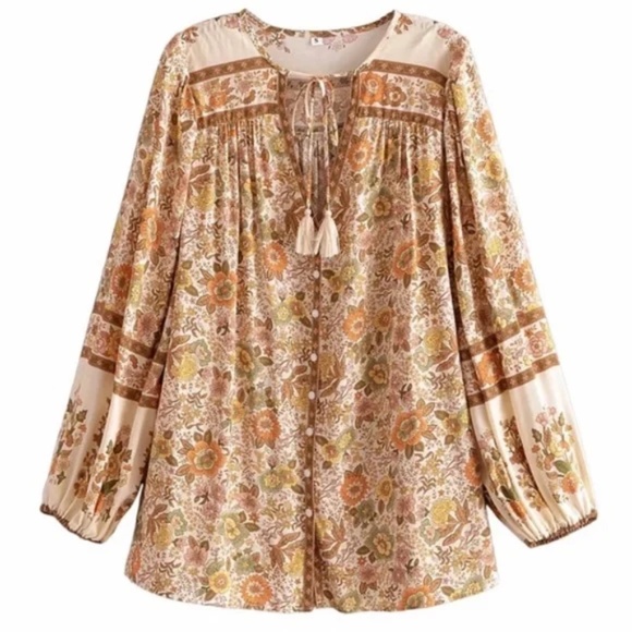 Gypsy Floral Bohemian Peasant Long Sleeve Blouse - Picture 2 of 4